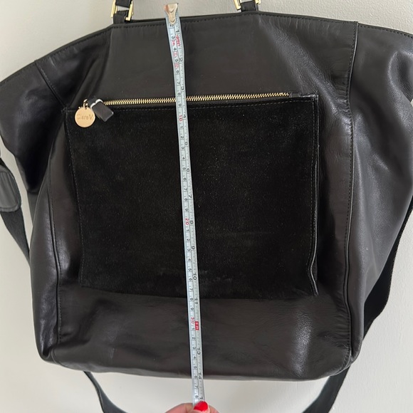 Clare V black leather tote with large suede outer pocket. Blue fabric lining. - Picture 10 of 11